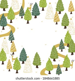 Ilustración vectorial del árbol de Navidad y el fondo del bosque de invierno