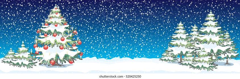 Vector Illustration of a Christmas Tree in a wintry night with other forest trees in the snow Holy night Seasons greetings 
