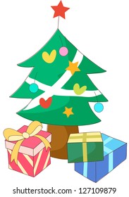 Una ilustración vectorial del árbol de Navidad con regalos envueltos