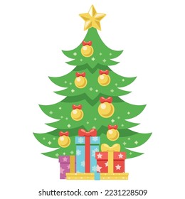 Ilustración vectorial del árbol de Navidad con estrella amarilla y regalos