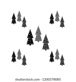 Vector illustration with Christmas trees of gray shades, snowflakes on a white background. Nice winter illustration. Christmas greeting card handmade art.