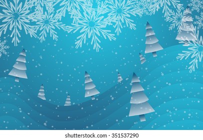 Vector illustration. Christmas trees, ice and snow.