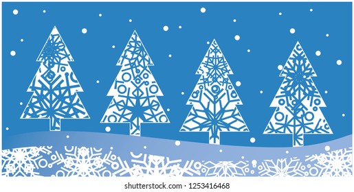Vector illustration christmas trees made from snowflakes on blue background. Flat vector illustration for seasonal design and decoration, new year and christmas cards, flyers, greetings, prints, web.