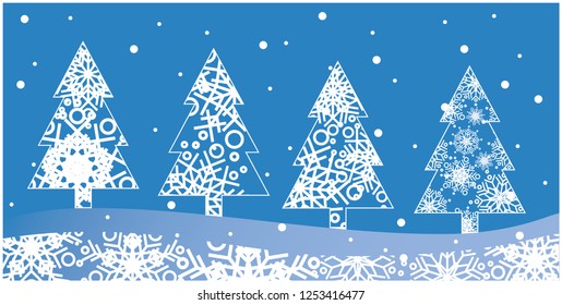Vector illustration christmas trees made from snowflakes on blue background. Flat vector illustration for prints, greetings, flyers, christmas and new year cards, seasonal design and decoration, web.