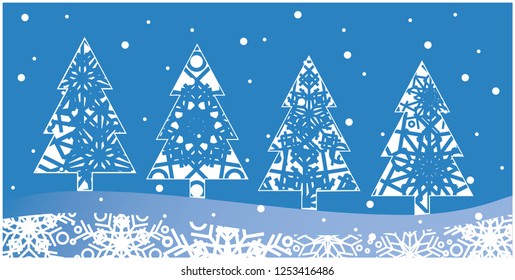 Vector illustration christmas trees made from snowflakes on blue background. Flat vector illustration for new year and christmas cards, prints, greetings, flyers, seasonal design and decoration, web.