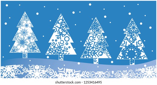 Vector illustration christmas trees made from snowflakes on blue background. Flat vector illustration for greetings, flyers, prints, christmas and new year cards, seasonal design and decoration, web.