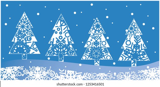 Vector illustration christmas trees made from snowflakes on blue background. Flat vector illustration for seasonal design and decoration, new year and christmas cards, prints, flyers, greetings, web.