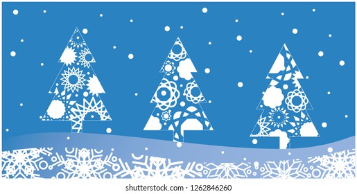 Vector illustration christmas trees made from snowflakes on blue background. Flat vector illustration for christmas and new year greetings, cards, prints, flyers, seasonal design and decoration, web.