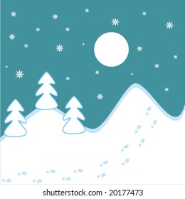 vector illustration with Christmas trees and shoe prints on the hill