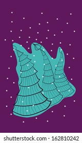 The vector illustration with Christmas trees and snow