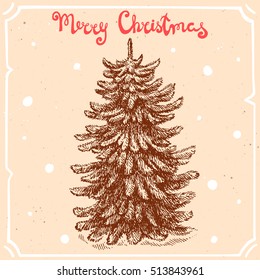 Vector illustration of christmas tree,text Merry Christmas on the background with abstract paper texture,retro frame.Letters,tree pine, fir sketch.Linear art in vintage style for your design.