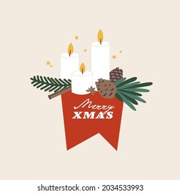 Vektorgrafik Weihnachtstypografie Kompositionen mit Kerzen Tannenbaum Zweig und Fichtenkonen. Weihnachtswintergruß mit traditionellen Xmas-Attributen