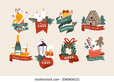 Vector illustration Christmas typography compositions set. Seasonal winter greetings bundle with traditional xmas attributes. Happy holidays.