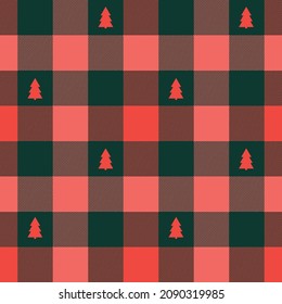 Vector illustration with Christmas vichy seamless pattern. Pine trees on red and green checkered texture