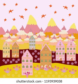 Vector illustration. Christmas village of Santa Claus. Fairy houses on neutral, yellow and beige colors. Panorama.