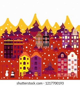 Vector illustration. Christmas village of Santa Claus. Fairy houses on neutral, red and purple colors. Panorama.