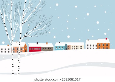 Ilustração vetorial de uma cena de aldeia de Natal. Cidade rural de inverno com casas coloridas em uma bela paisagem com neve e neve. Aldeia de Natal.