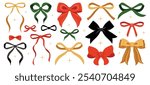 Vector illustration of christmas vintage bow set. Bows for hair decor. Trendy girls accessories. Cute hairstyle elements collection. Coquette, ribbons. Wedding invitation, party. New year decoration