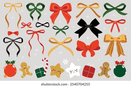 Vector illustration of christmas vintage bow set. Bows for hair decor. Trendy girls accessories. Cute hairstyle elements collection. Coquette, ribbons. Wedding invitation, party. New year decoration
