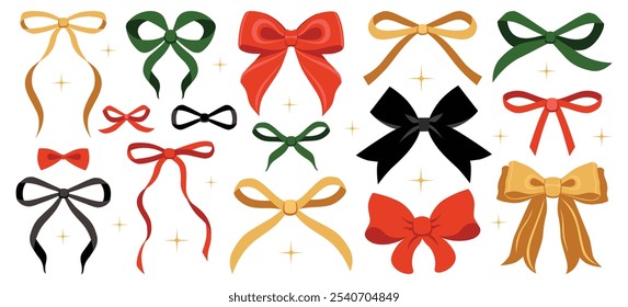 Vector illustration of christmas vintage bow set. Bows for hair decor. Trendy girls accessories. Cute hairstyle elements collection. Coquette, ribbons. Wedding invitation, party. New year decoration