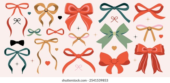 Vector illustration of christmas vintage bow set. Bows for hair decor. Trendy girls accessories. Cute hairstyle elements collection. Coquette, ribbons. Wedding invitation, party. New year decoration