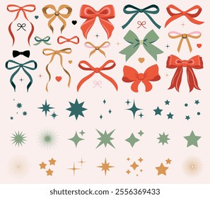 Vector illustration of christmas vintage bow set. Bows for hair decor. Trendy girls accessories. Cute hairstyle elements collection. Sparkles icons, star shape. New year decoration. Glitter sparkle