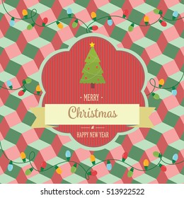 Vector illustration Christmas vintage postcard in retro style with label merry Christmas and Happy New year with Christmas tree and Christmas decorations in Christmas lights and balls