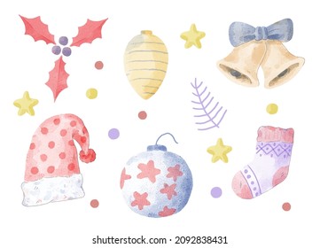 Vector illustration Christmas watercolor character and object with a variety of kind and color. Merry Christmas cutout element Holiday cards, invitations and website celebration decoration.