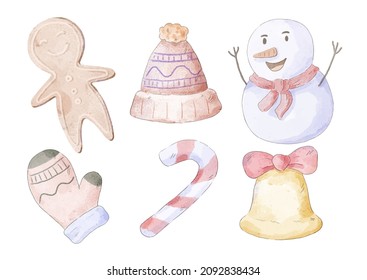 Vector illustration Christmas watercolor character and object with a variety of kind and color. Merry Christmas cutout element Holiday cards, invitations and website celebration decoration.