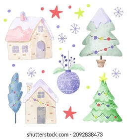 Vector illustration Christmas watercolor character and object with a variety of kind and color. Merry Christmas cutout element Holiday cards, invitations and website celebration decoration.