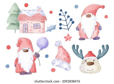 Vector illustration Christmas watercolor character and object with a variety of kind and color. Merry Christmas cutout element Holiday cards, invitations and website celebration decoration.