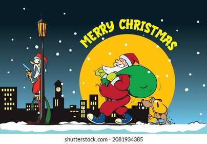 Ilustración vectorial para Navidad en la que el gordo Papá Noel está satisfecho y el flaco y desesperado Papá Noel está esperando en una emboscada - Año Nuevo y Viejo.