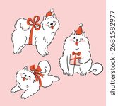 Vector illustration with Christmas white dogs. Christmas design animal elements in hand drawn style. Christmas gift, comic dog with red bow illustration on pink background