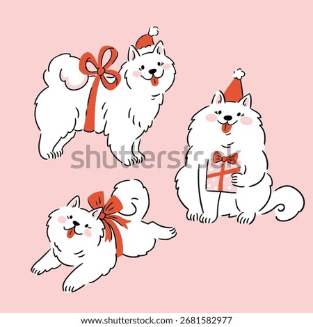 Vector illustration with Christmas white dogs. Christmas design animal elements in hand drawn style. Christmas gift, comic dog with red bow illustration on pink background