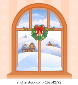 Vector Illustration Of A Christmas Window View With A Snowy Landscape