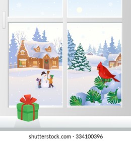 Vector illustration of a Christmas window view with snowy houses and kids making a snowman