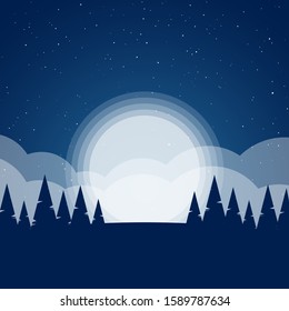 Vector illustration: Christmas winter background with snowy pines, hills and moon. Flat cartoon landscape.