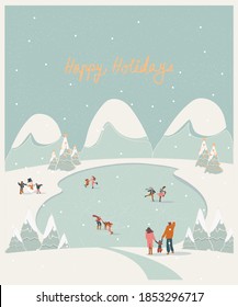 Vector illustration of a Christmas winter holidays landscape postcard.Retro color of winter landscape of people skating activities at iced lake with kids, snowman.Concept of winter activities.