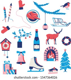 Vector illustration of Christmas, winter icon set, pattern, white background. Fireworks, mittens, chicken, christmas ball, bird, sled, bell, gift, skates, cake, fireplace, deer, champagne.