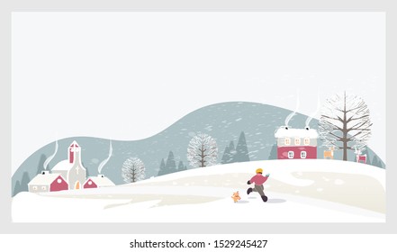 Vector illustration of a Christmas winter landscape postcard.Retro color of winter landscape with kids, snow and deer.Minimal winter concept.