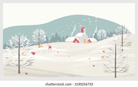 Vector illustration of a Christmas winter landscape postcard.Retro color of winter landscape in countryside, snow,falling leaf and deer.Minimal winter concept.