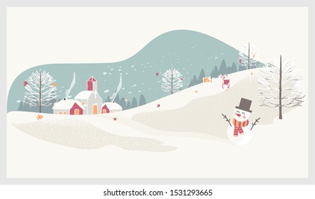 Vector illustration of a Christmas winter landscape postcard.Retro color of winter landscape with kids, snowman and deer.Minimal winter concept.