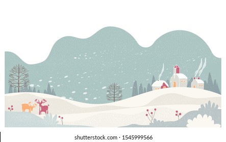 Vector illustration of a Christmas winter landscape postcard.Retro color of winter countryside landscape with  deer.Minimal winter concept.