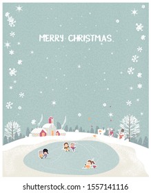 Vector illustration of a Christmas winter landscape postcard.Retro mint green color of winter landscape with kids, snowman and deer.Minimal winter concept.