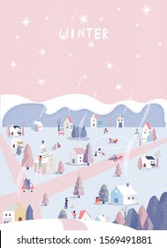 Vector illustration of a Christmas winter landscape postcard.Retro pastel pink color tone.Wonderland colorful village with hut ,snowman and deer.People happy with noise and grainy.