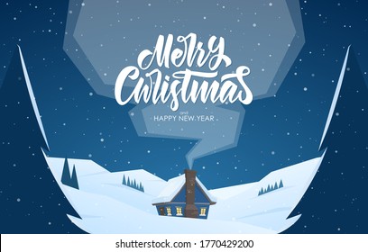 Vector illustration: Christmas winter landscape with cartoon house and handwritten lettering of Merry Christmas