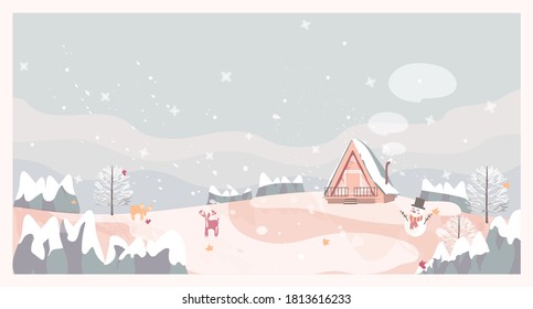 Ilustración vectorial de una postal navideña de invierno. Color retro del paisaje invernal con cabaña, muñeco de nieve y ciervo. concepto de fondo invernal.