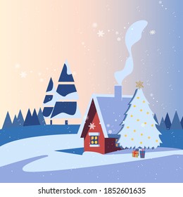 Vector illustration of a Christmas winter landscape postcard.Greeting card. Nature-The winter.