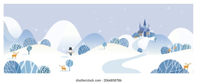 Vector illustration of a Christmas winter landscape Banner.Blue color of winter countryside landscape with  deer snowman and castle.