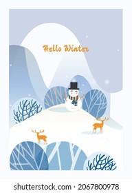 Vector illustration of a Christmas winter landscape greeting postcard.Blue color of winter mountain countryside landscape with  deer snowman.